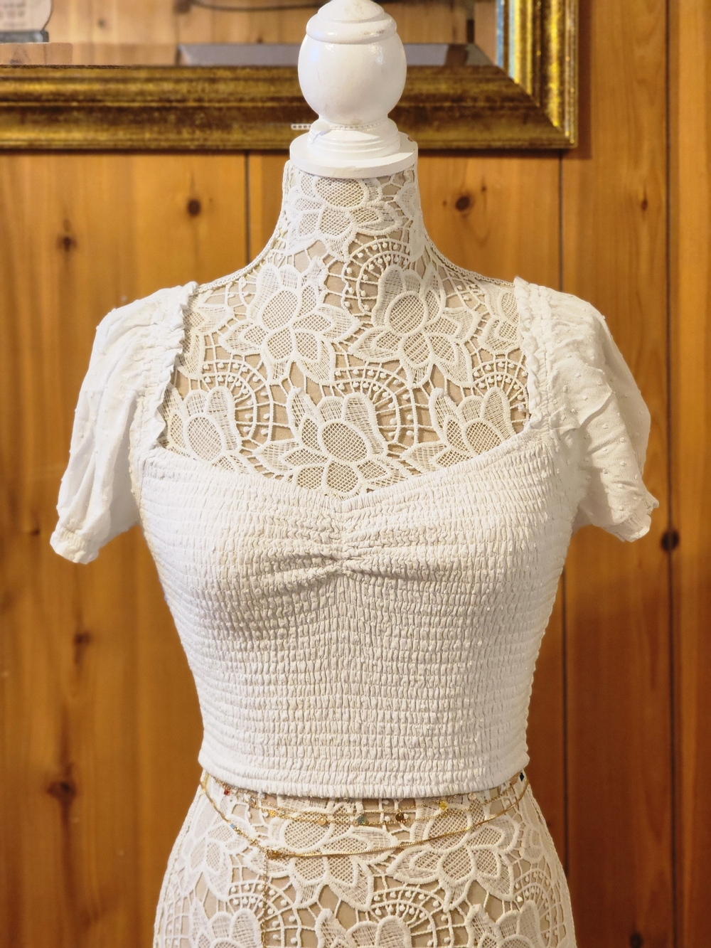 Hollister White Smocked Square-Neck Crop Top with Puff Sleeves